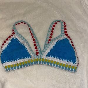 Bali Chic Crochet Boho Knit Blue Pull on Swimsuit Top XL